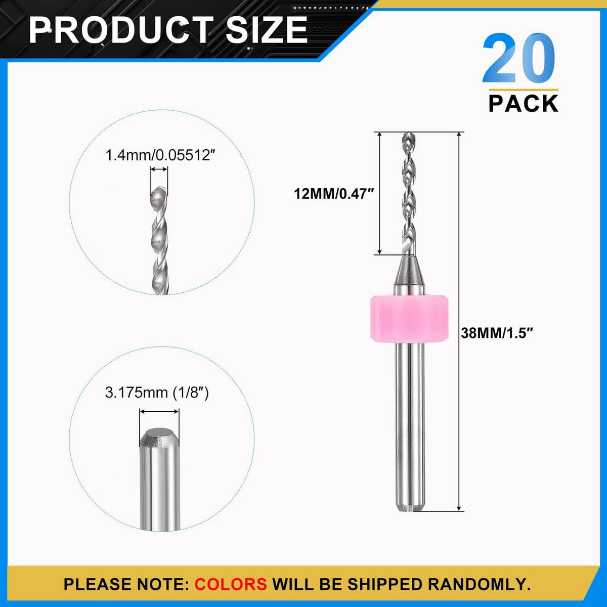 20-pack micro drill bits size diagram showing 1.4mm bit diameter and 1/8in shank