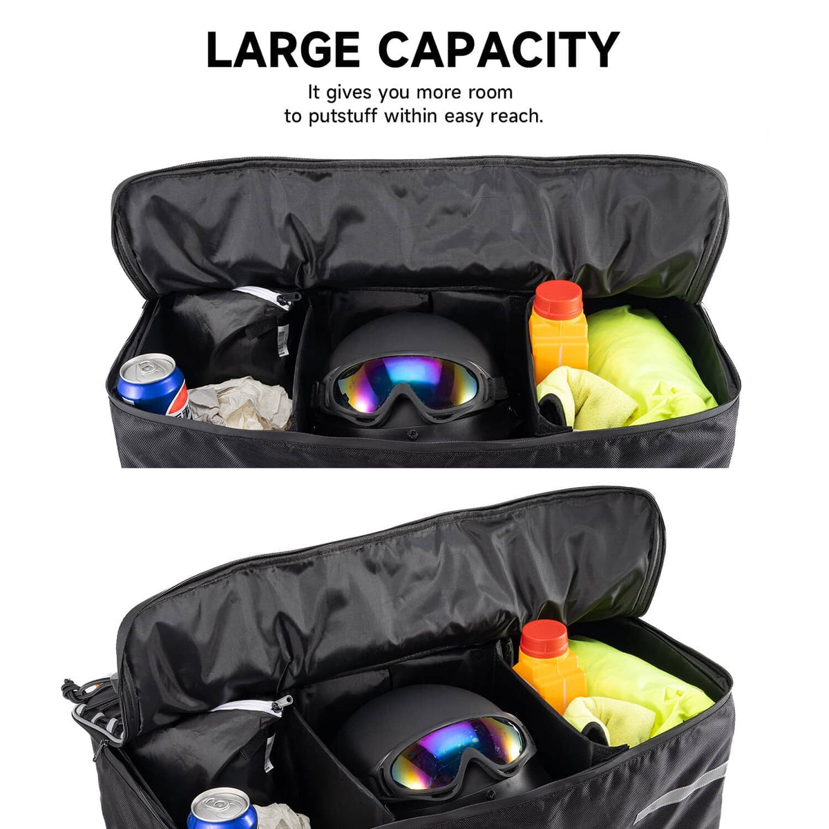 Open black ATV rear rack storage bag with front compartments and inner cushion pad