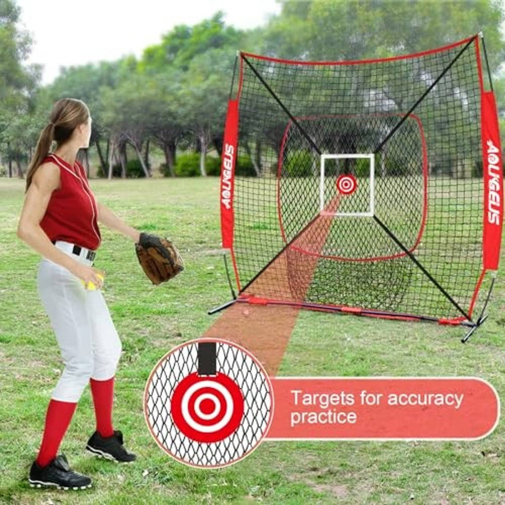 Red and black baseball pitching net with circular target and protective lower mesh