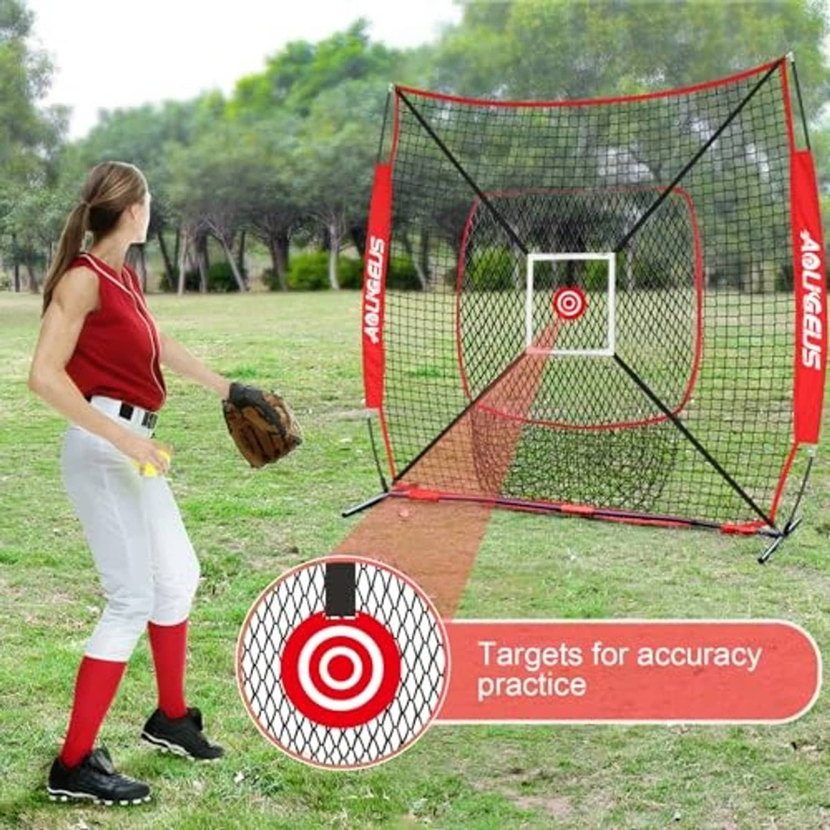 Red and black baseball pitching net with circular target and protective lower mesh