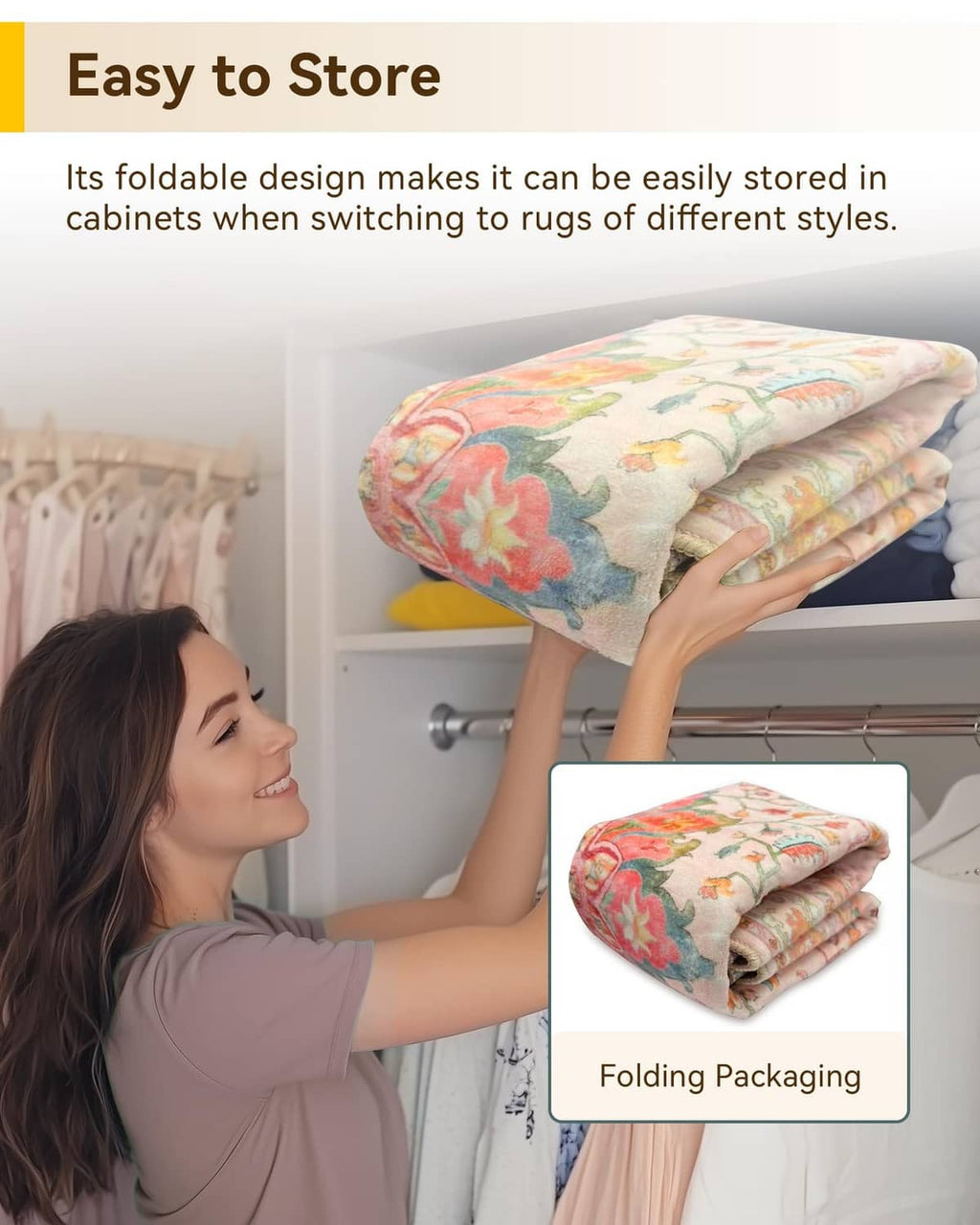 Folding washable area rug, pastel pink floral pattern with decorative border edge