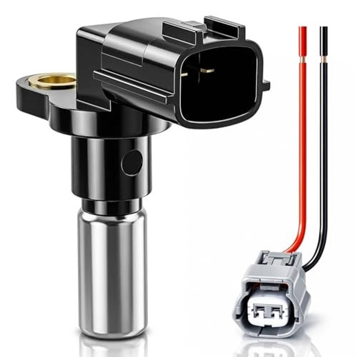 Crankshaft position sensor with wiring pigtail and plug connector, black and silver