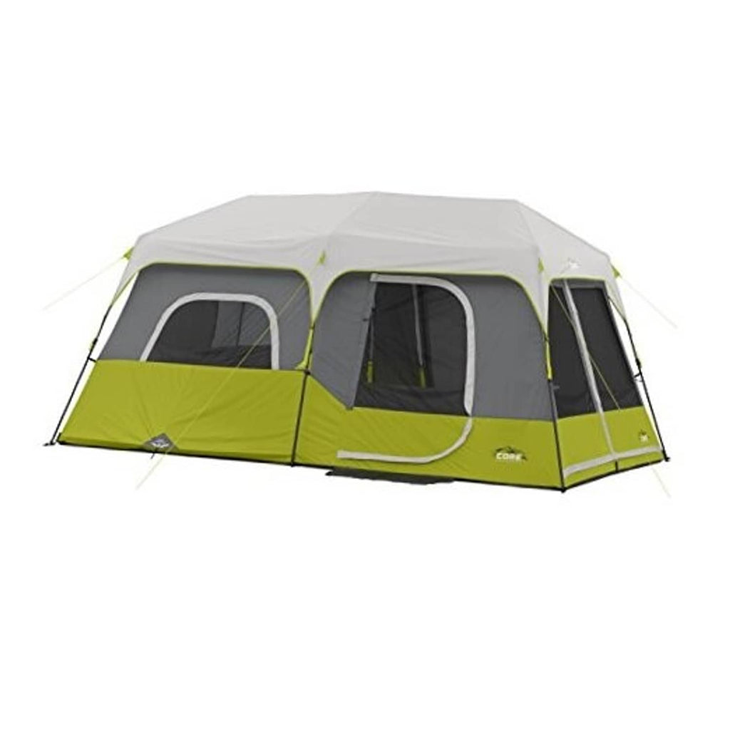 9-person instant cabin tent with green base, gray door panels, and three entry openings