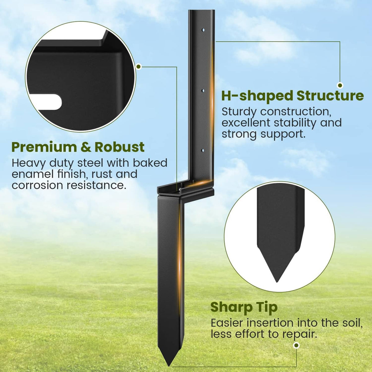 Black H-shaped steel fence post repair stake with sharp pointed tip