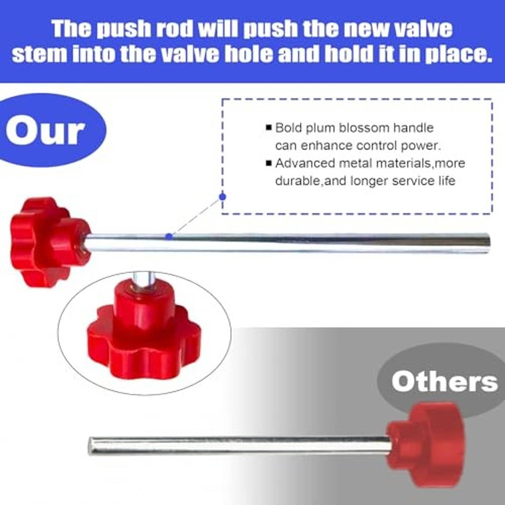 Valve stem installation push rod with red head and long silver metal shaft tool