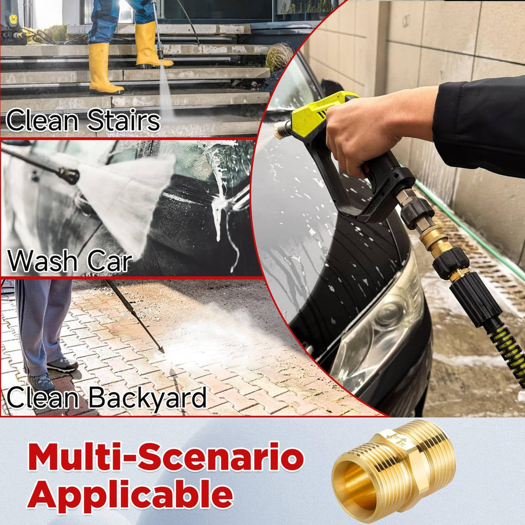 Brass male thread adapter attached to a pressure washer spray gun, ribbed coupler