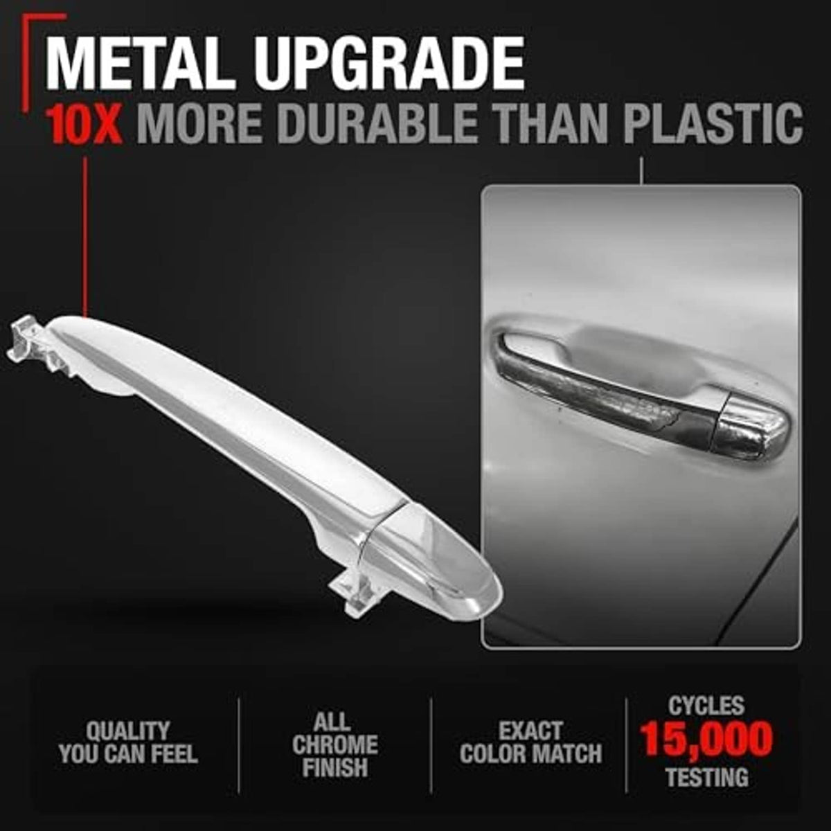 Silver metal upgraded exterior door handle with close-up detailing