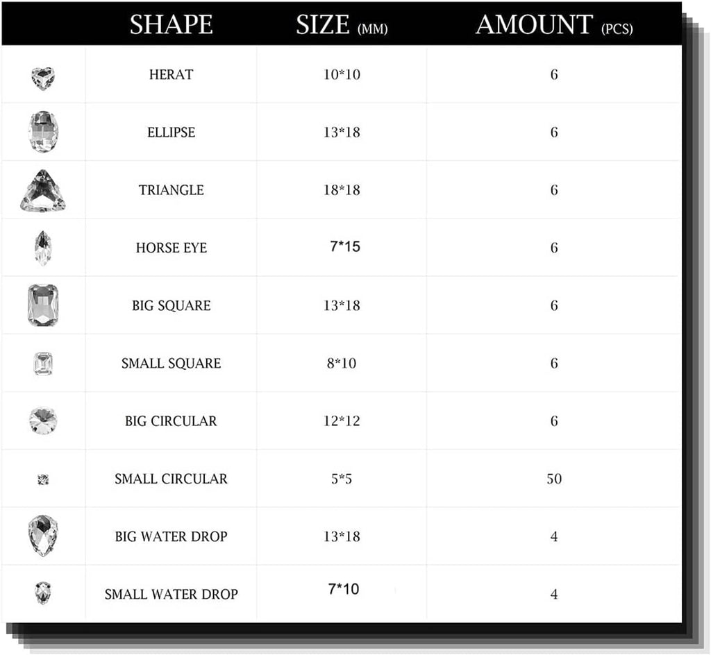 Rhinestone shape and size guide chart with teardrop, square, and circular pieces