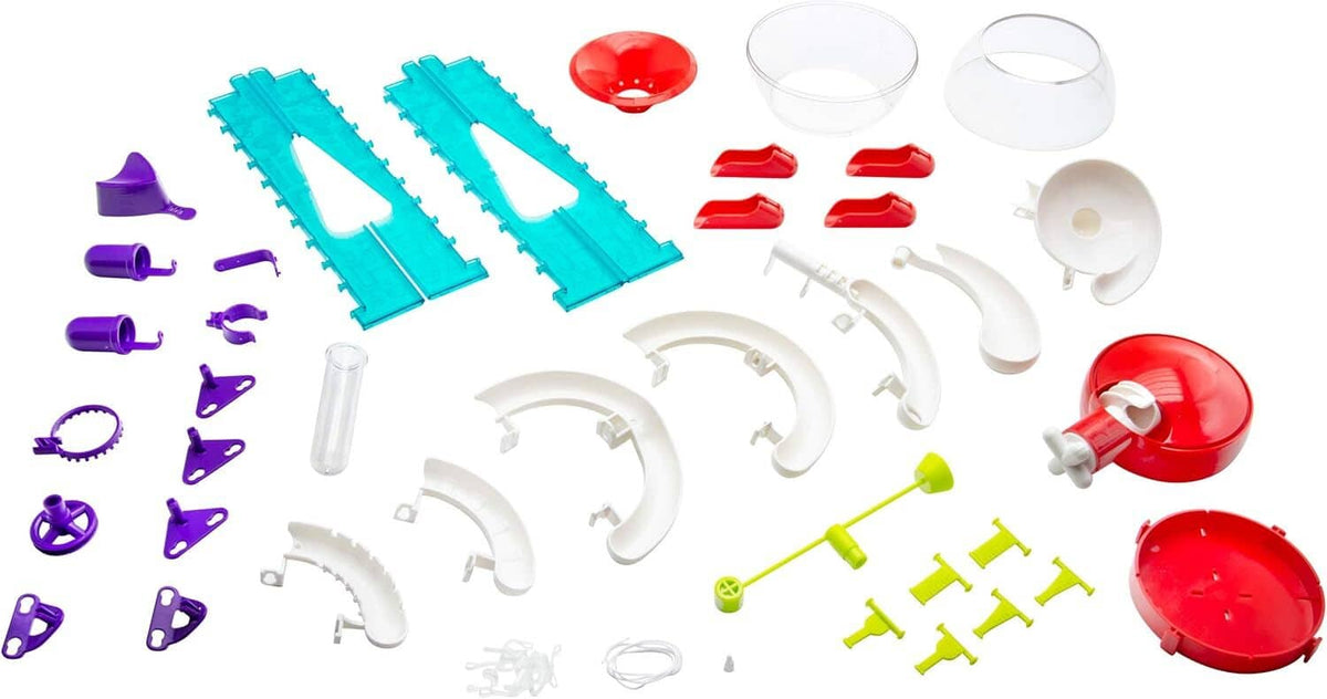 Plastic gumball machine builder parts in teal, purple, red, white, and orange.