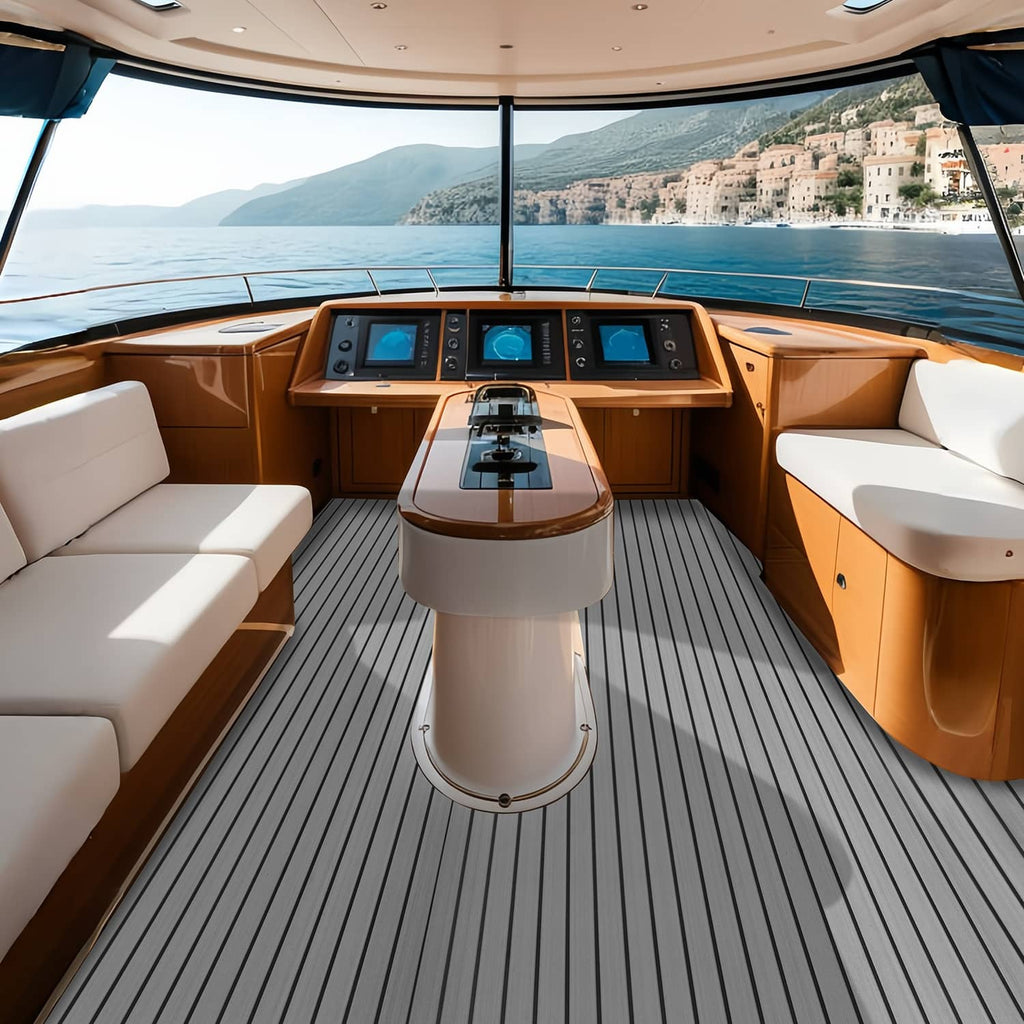 Yacht deck flooring with dark gray ribbed EVA mat on cockpit floor