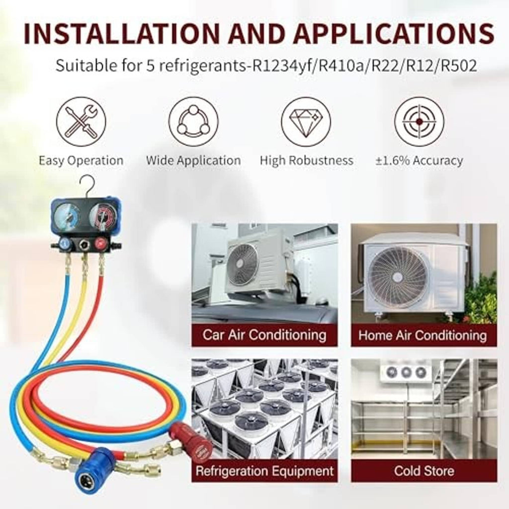 AC manifold gauge set with two gauges and multicolor hoses for air conditioning and refrigeration
