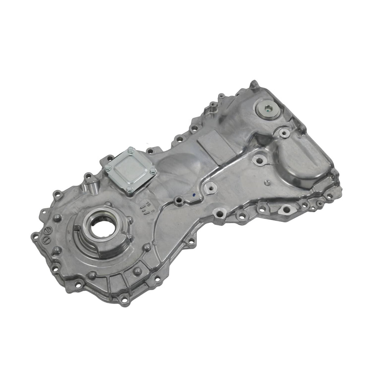 Oil pump housing assembly with round opening and side cover plates, cast metal finish