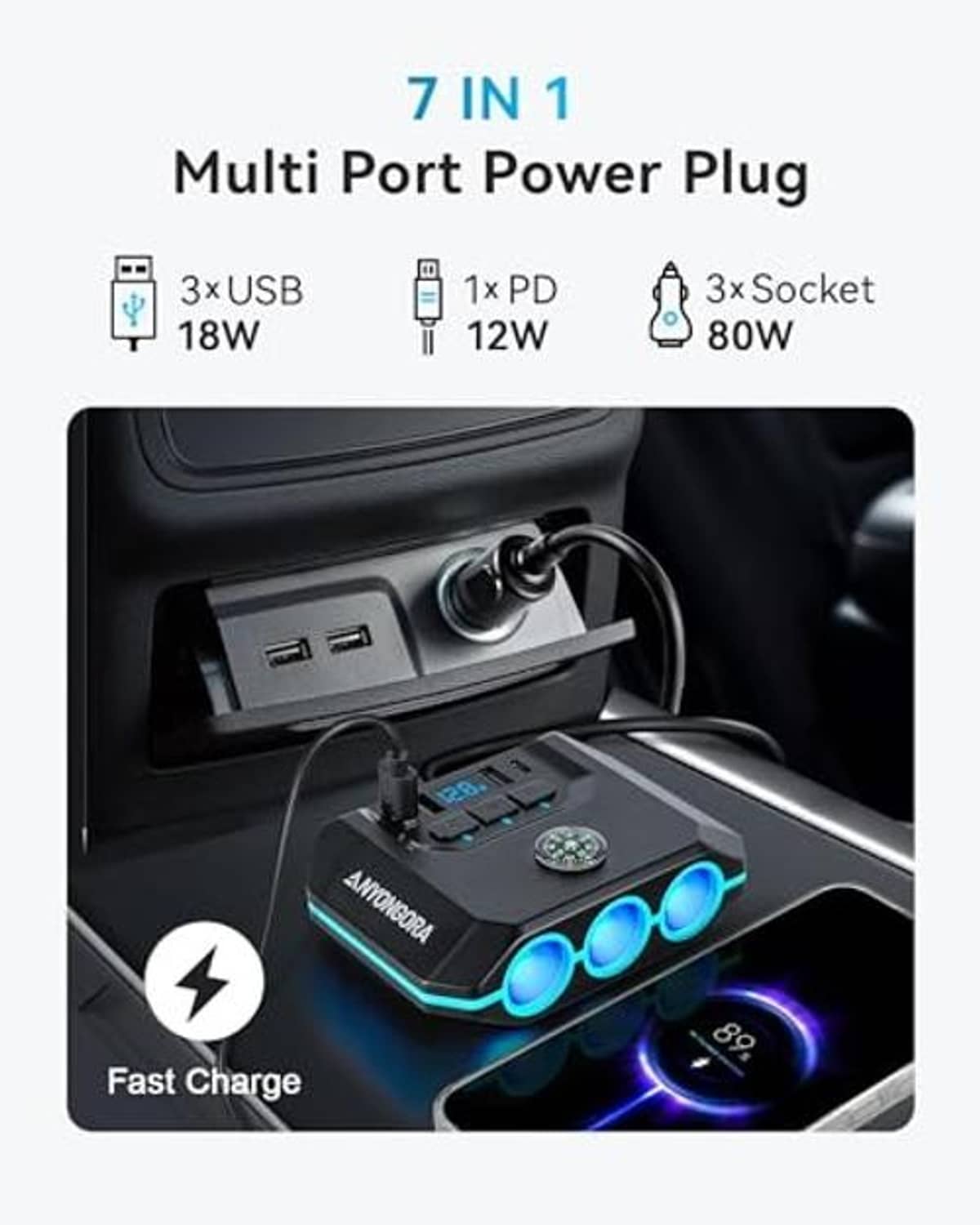 Car power splitter with three blue sockets, digital display, and rotary control dial