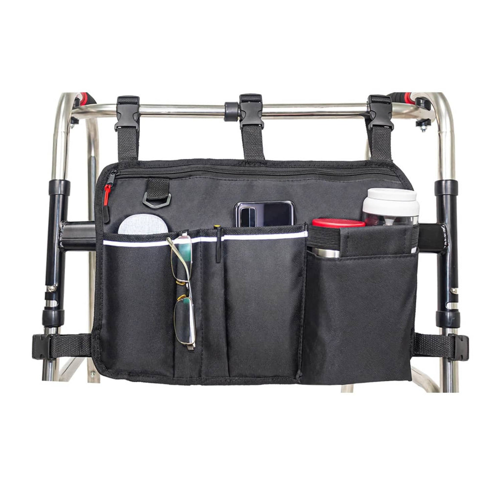 Black front walker bag organizer with zip compartments and side attachment straps on frame