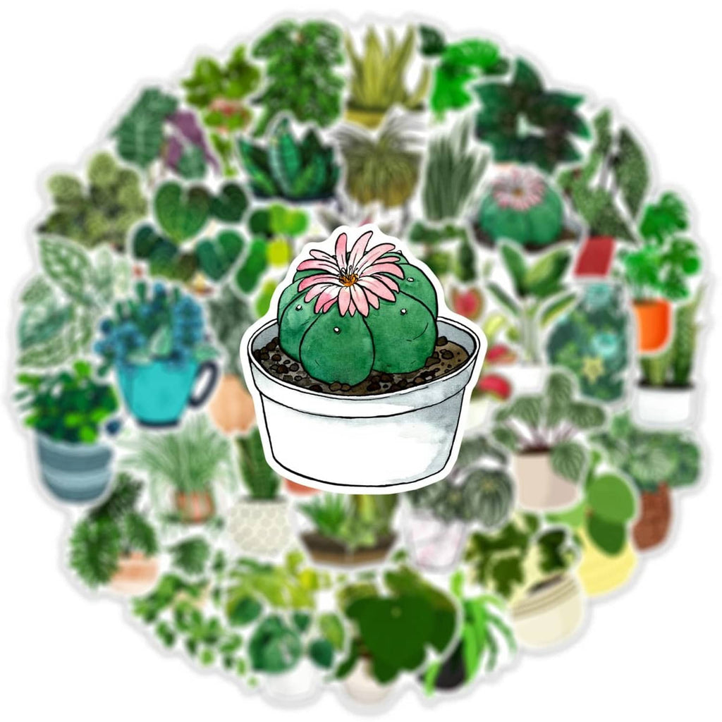 Round sticker set with cactus in a white pot, surrounded by green plant decals
