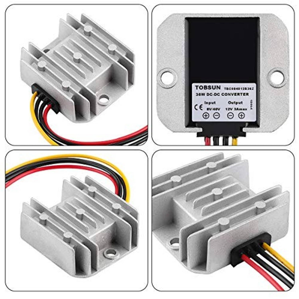 DC buck-boost converter module showing heatsink and input/output label with wiring terminals