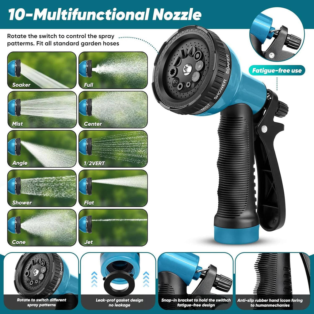 Blue-and-black multi-function nozzle with rotating dial and selectable spray patterns