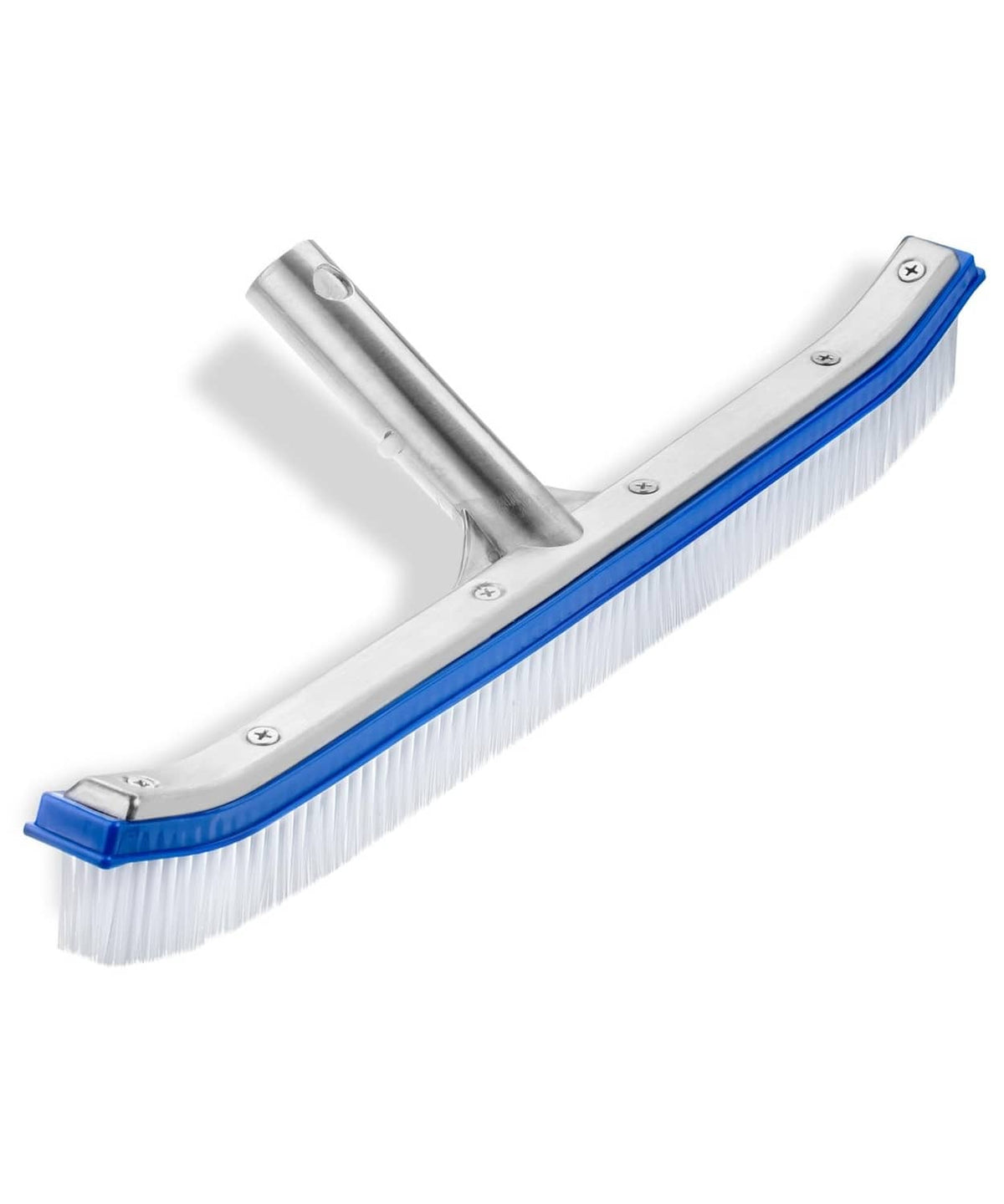 Pool brush head with blue edge and white bristles, aluminum frame and angled support