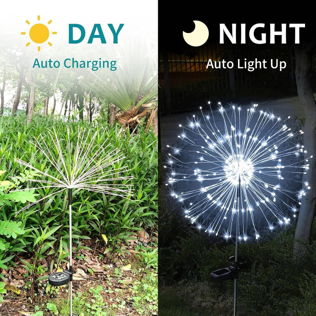 Two solar firework stake lights, cool-white LED glow at night and unlit in day