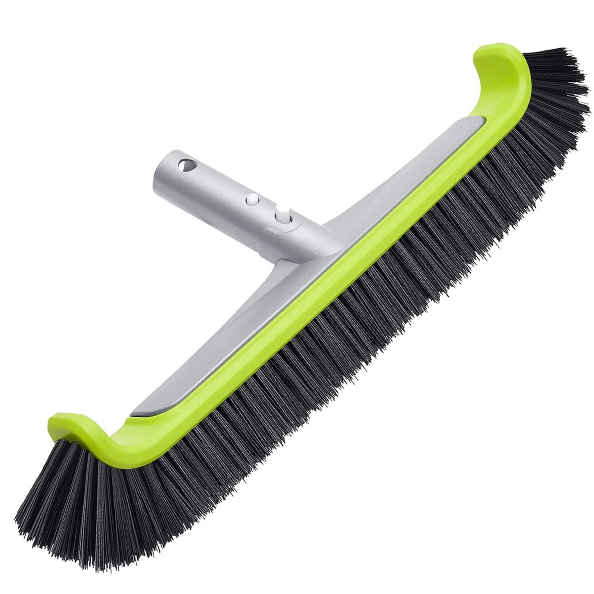 Wall pool brush with black bristle rows, lime green grips, and gray frame