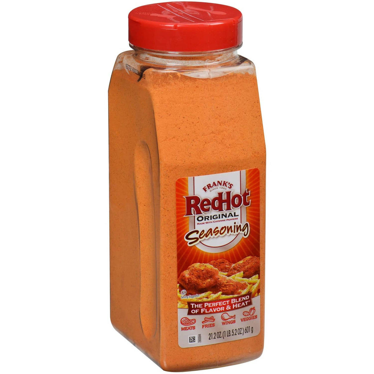 Red cap seasoning bottle with orange-brown spice blend, front label