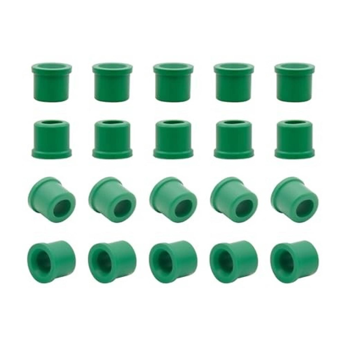 Green rubber hose gasket set arranged in rows, visible central openings