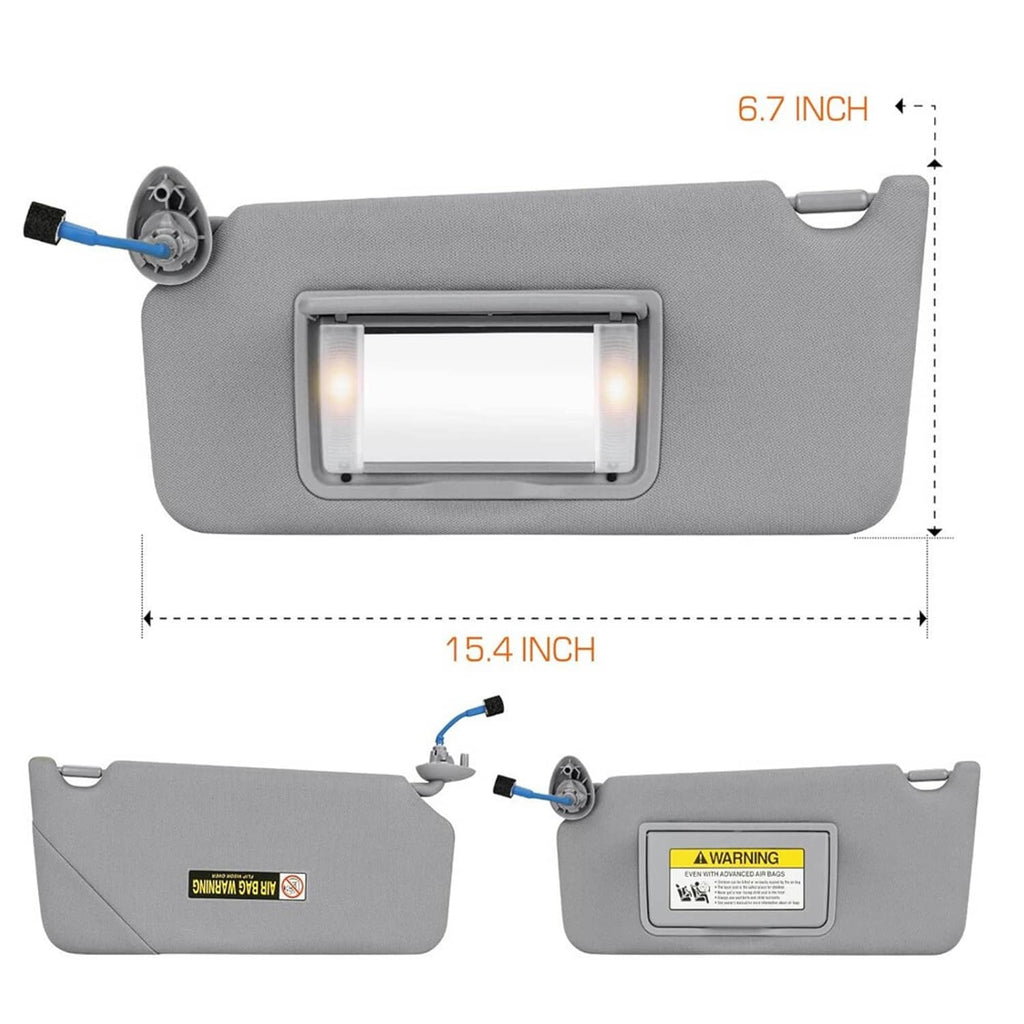 Gray car sun visor with LED mirror window and size markings