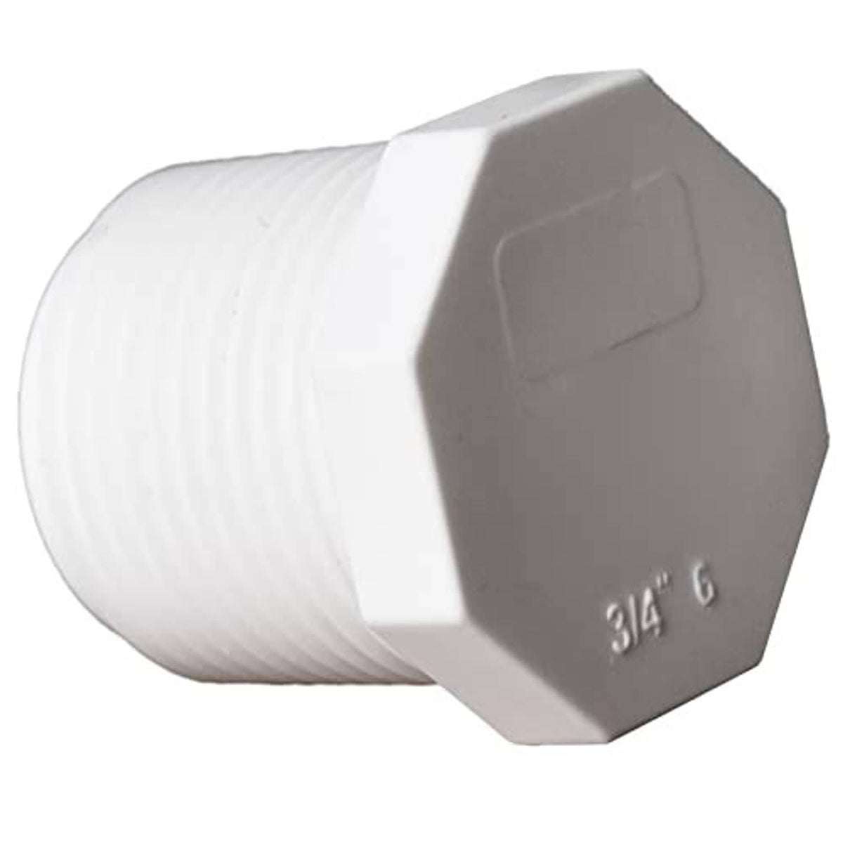 White PVC male threaded cleanout plug drain end cap, side view of hex and threads