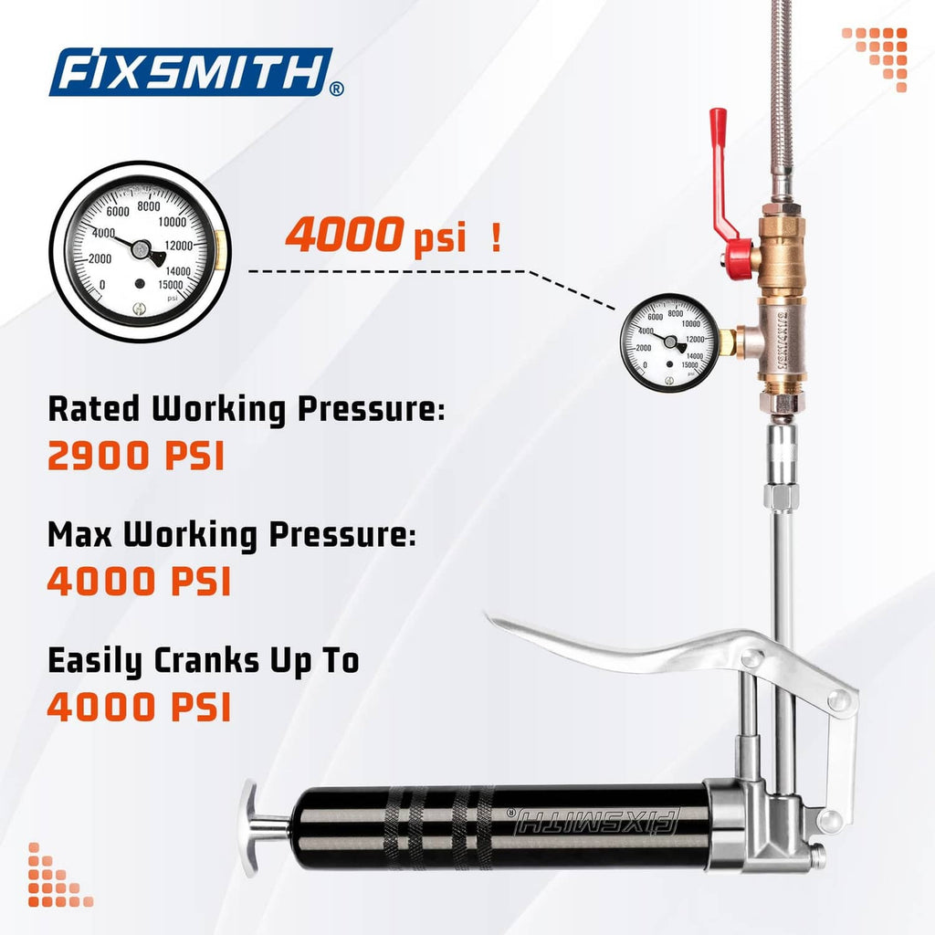 Mini grease gun with gauge setup and pistol lever, black and silver body