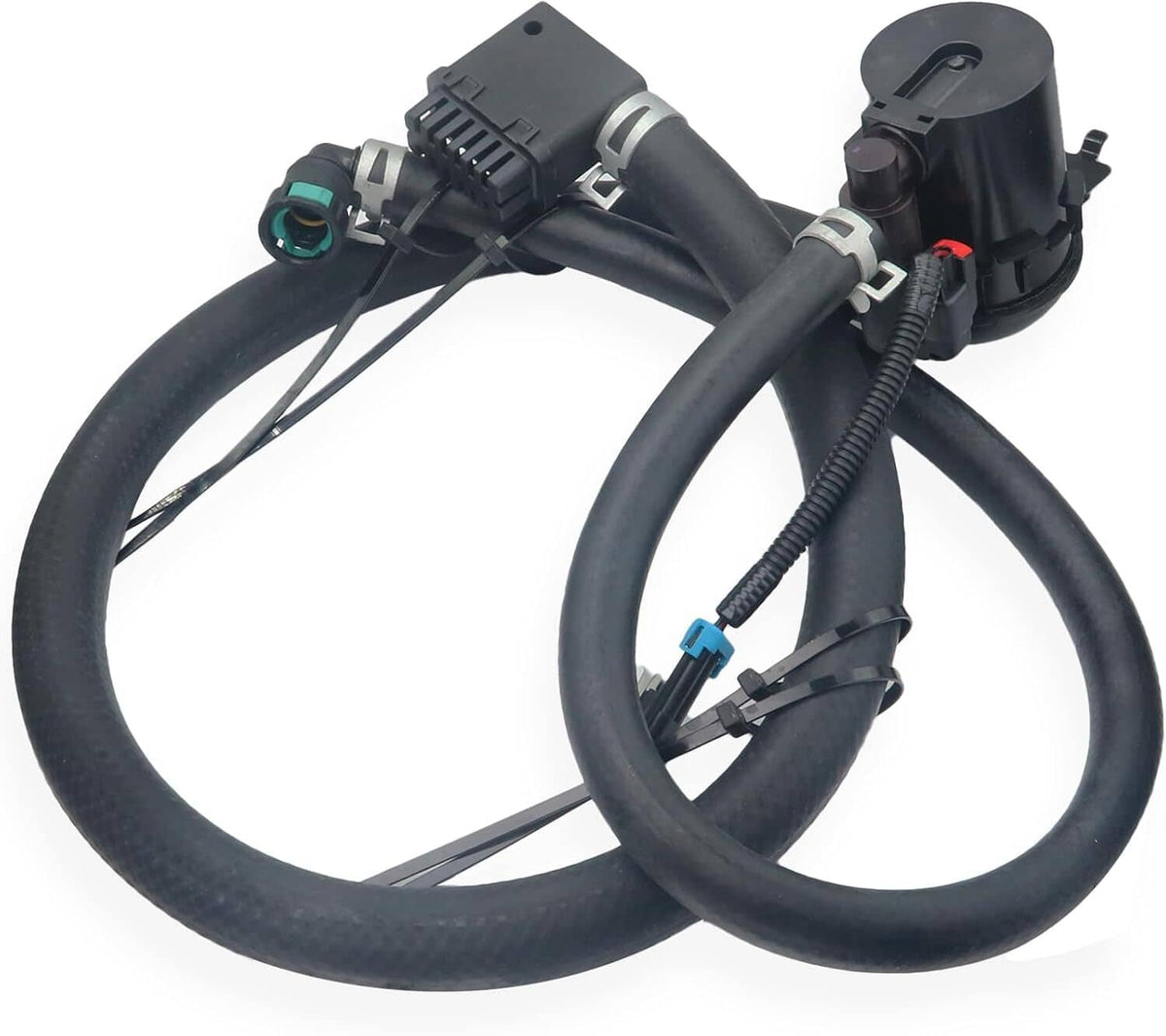 Vapor canister vent solenoid valve with black wiring, connectors, and mounted sensors
