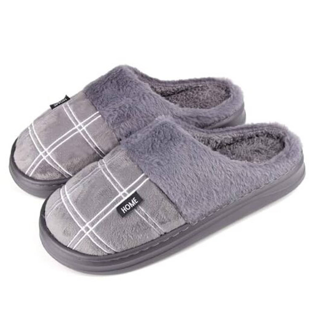 Grey plush slide house slippers with plaid strap and padded lining, slip-on design