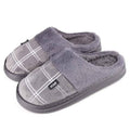 Grey plush slide house slippers with plaid strap and padded lining, slip-on design