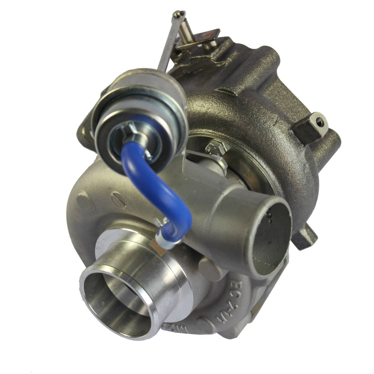 Turbocharger with inlet/outlet housings, blue hose line, and mounting brackets
