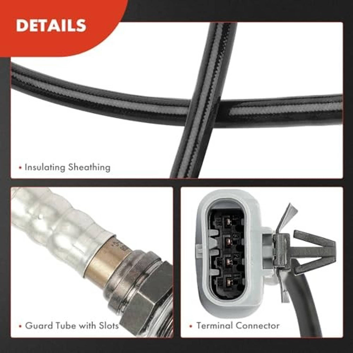 Oxygen sensor wire insulation detail with terminal connector and metal guard tube with slots
