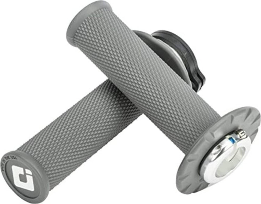 Graphite dirt bike handlebar grips, textured rubber pair with end caps and metallic ring