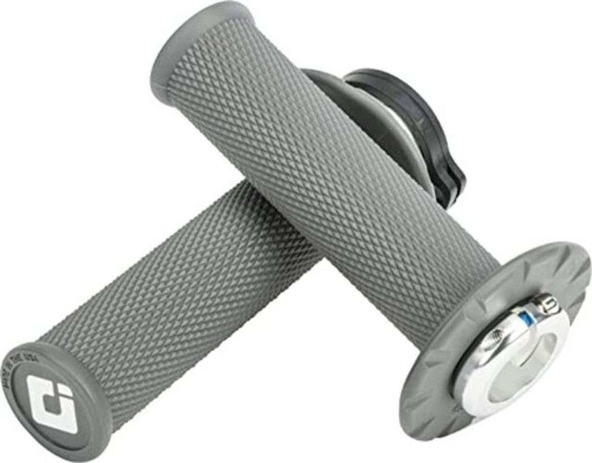 Graphite dirt bike handlebar grips, textured rubber pair with end caps and metallic ring