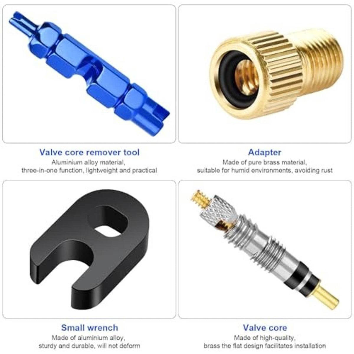 Valve core remover tool set with brass adapter, black wrench, and spare valve cores