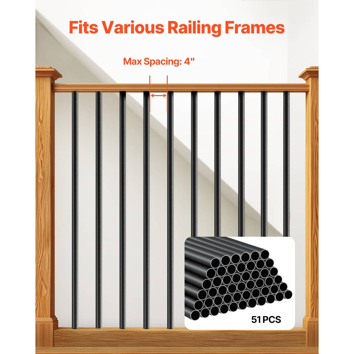 Black round deck balusters installed in a railing frame with spacing
