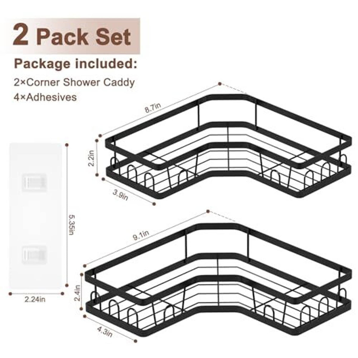 2-pack corner shower caddy, black two-tier corner shelves with adhesive mounting