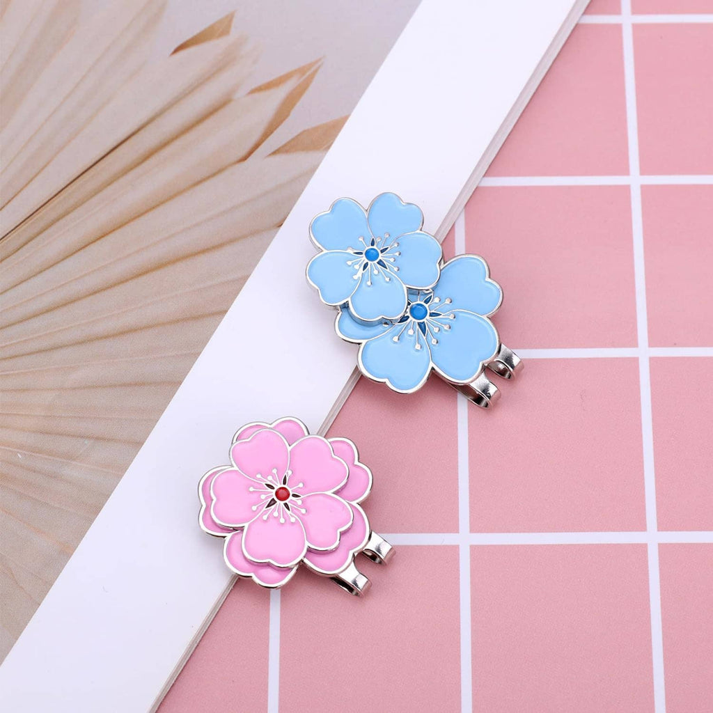 Blue and pink flower magnetic hat clips with silver metal spring clips