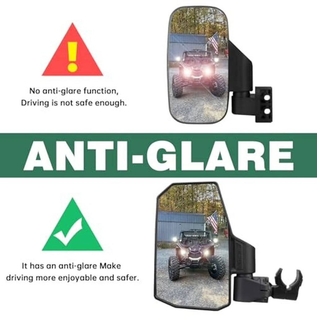 Anti-glare UTV side mirror with dark tinted glass and black mounting arm