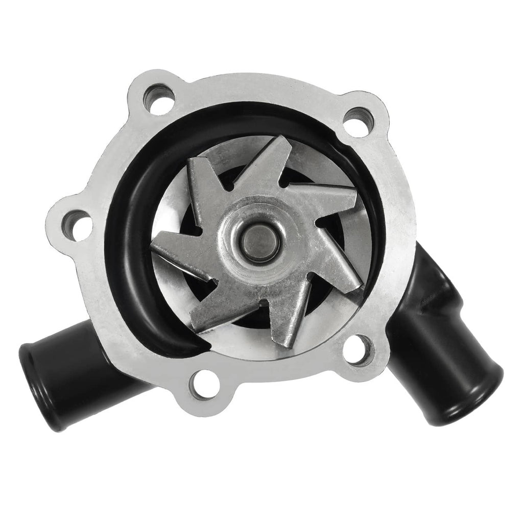 Water pump with silver housing, black impeller cover, and two rubber hose inlets