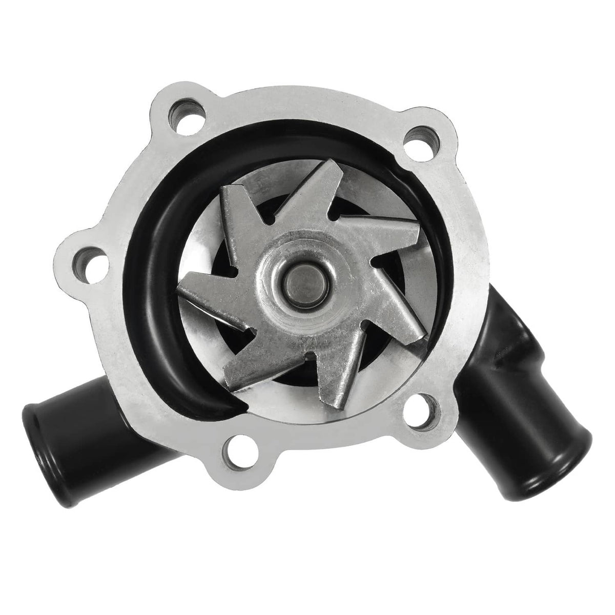 Water pump with silver housing, black impeller cover, and two rubber hose inlets