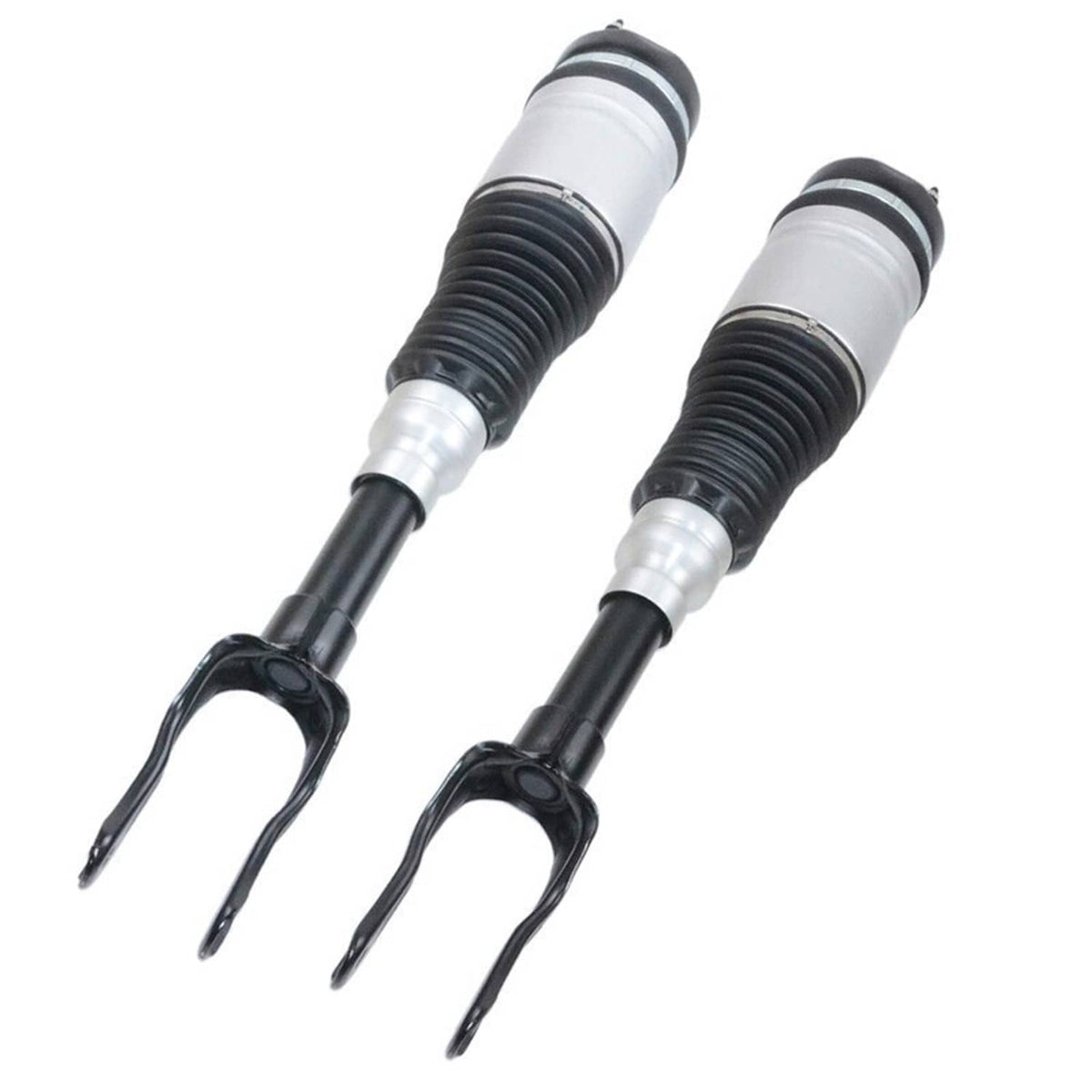 Front air suspension strut pair, silver cylinders with black corrugated sections