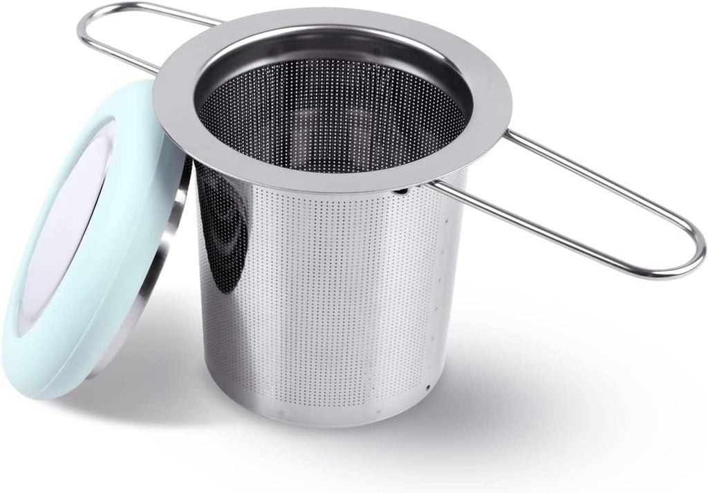 Stainless steel tea infuser with extra-fine mesh and folding handle, lid on