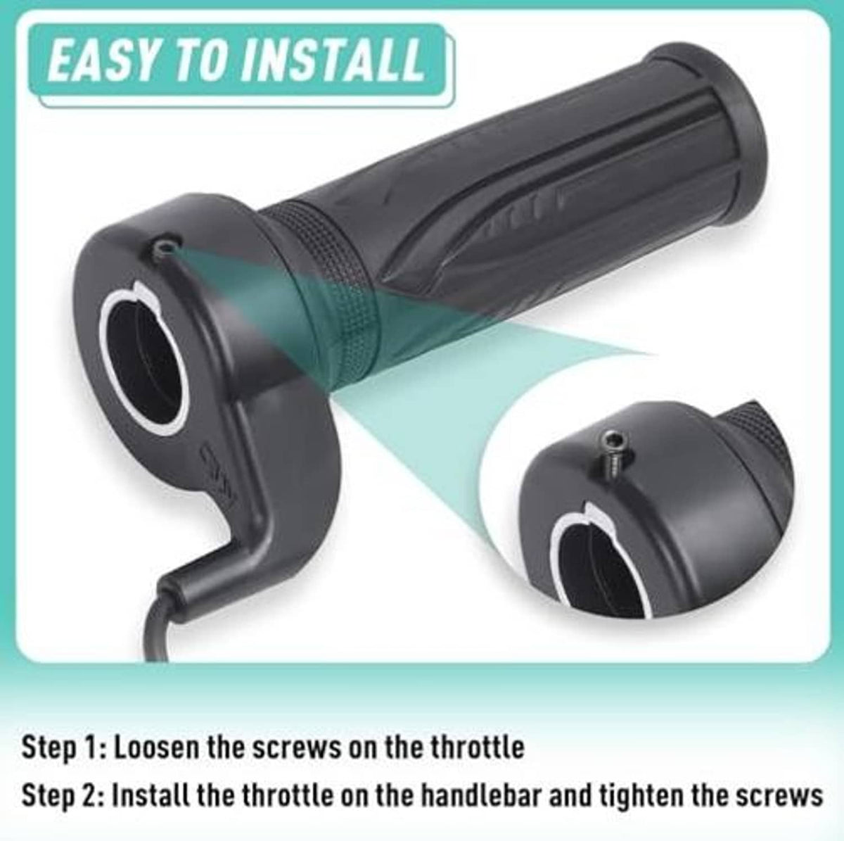 Black twist throttle grip with circular clamp opening and cable connection lead