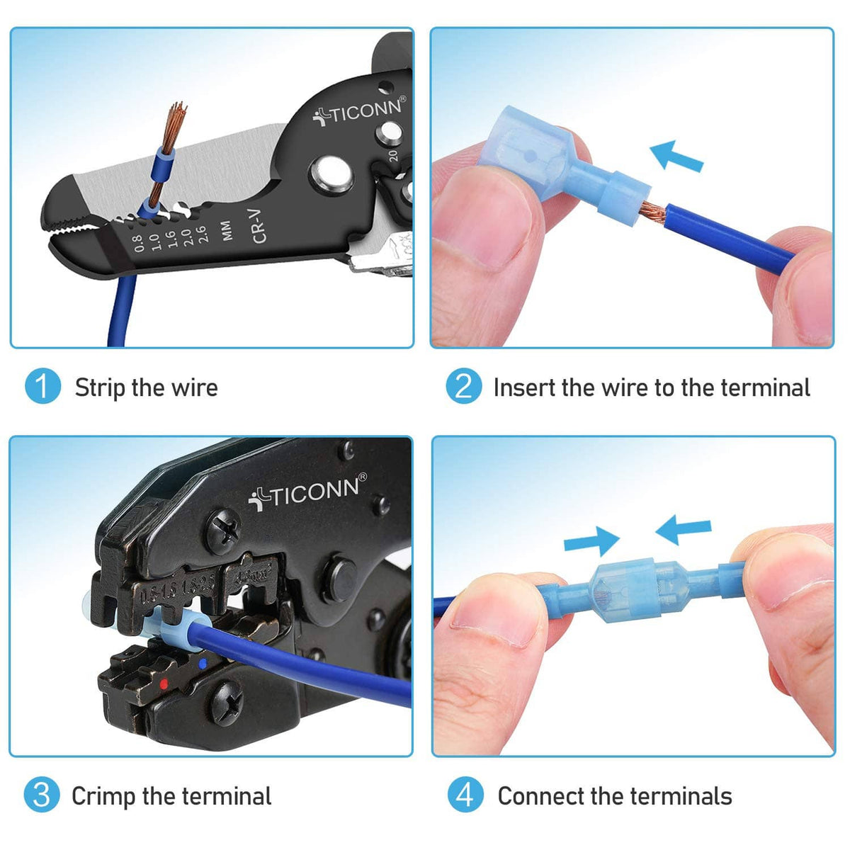 Crimping tool and quick disconnect terminal steps for nylon connectors