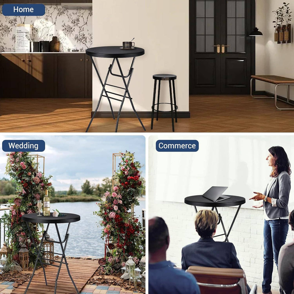 Black round folding cocktail table next to a matching round stool for events