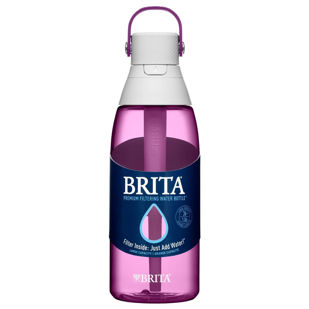 Orchid purple premium filtering water bottle with white lid and purple carry handle