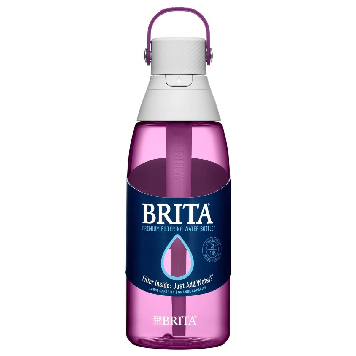 Orchid purple premium filtering water bottle with white lid and purple carry handle
